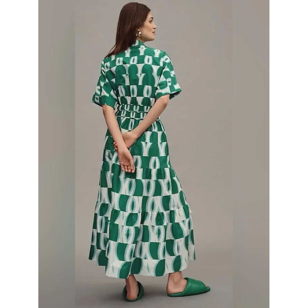 Anthropologie Somerset Maxi Shirt Dress Large Green Geometric Tiered Scandi - Picture 2 of 15